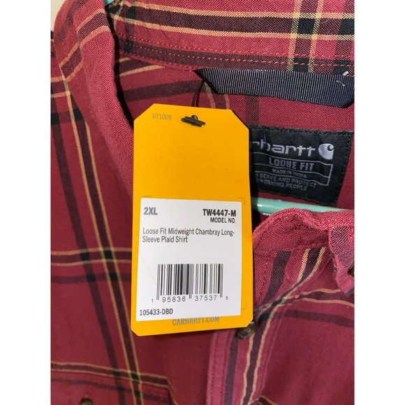 NWT Carhartt Men's Loose Fit Midweight Chambray Long Sleeve Plaid Shirt Size 2XL - Picture 6 of 7
